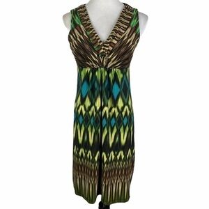 Perceptions Tribal V-Neck Midi Dress Women's 8‎ Green Brown Sleeveless